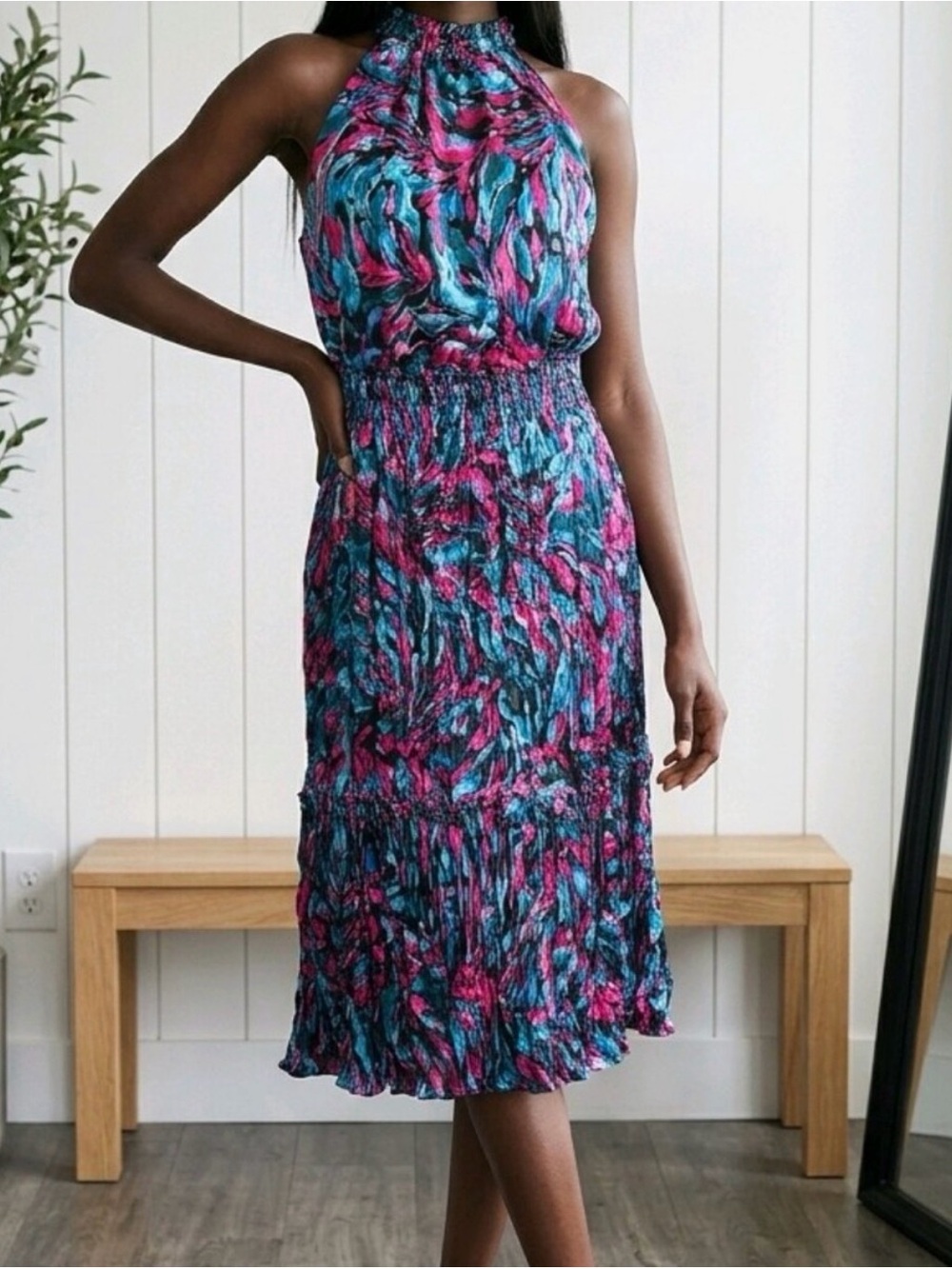 Nicole Miller Halter Neck Printed Midi Dress in Teal & Fuchsia